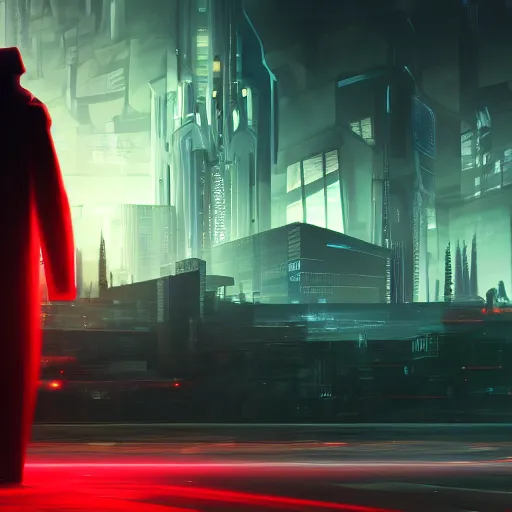 Prompt: photo of a grimm reaper walking in a futuristic city in a dystopian future made of electronic components and looks like a giant pcb board. Very detailed 8k. Unreal engine 5 render with nanite, global illumination and path tracing. Emphasize on the colors black and red.