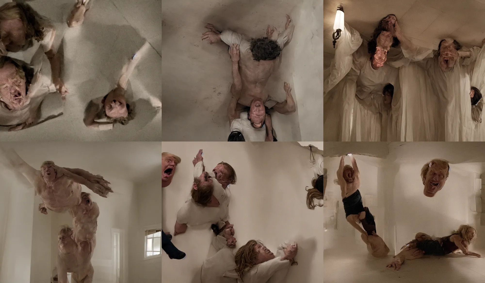 Prompt: scene from the movie hereditary, donald trump crawling on ceiling