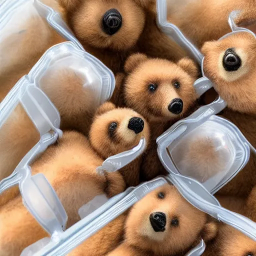 Image similar to macro shot photograph of tiny realistic looking bears inside of a plastic food bag, 4 k, highly detailed