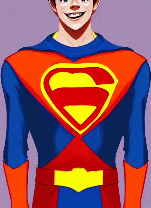 Image similar to friendly teenage archie andrews wearing an orange superhero costume with heart logo, heart, freckles, blue cape, heart emblem on chest, blue cape, intricate, elegant, glowing lights, highly detailed, digital painting, artstation, sharp focus, illustration, art by wlop, mars ravelo and greg rutkowski