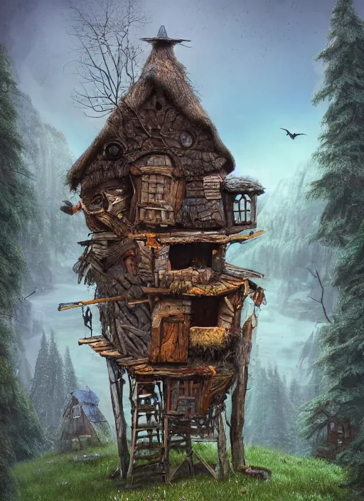 Prompt: highly detailed matte painting of the baba yaga witch's shack which is constructed on top of two giant wooden posts up high that are designed to look like chicken legs with feet, mountain woodlands,, 8 k resolution, by android jones