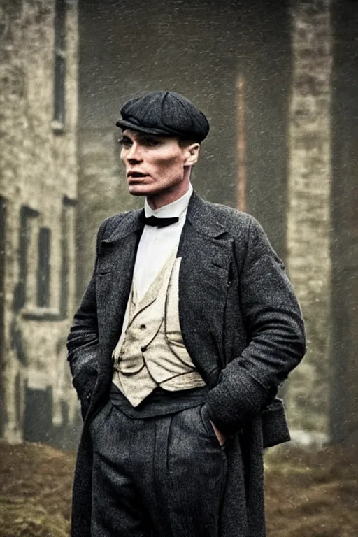 Prompt: Full-body portrait of Cillian Murphy in Peaky Blinders standing, dramatic, gloomy, dark, bleak, cheerless, desolate, impressive, tragic, cinematic, dull colours, dark colour scheme, atmospheric