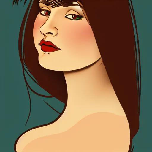 Prompt: curvy brunette woman with straight hair in a bob, romanian heritage, brown eyes, no bangs, digital art, cartoon, 8k, illustration, art nouveau, Alphonse Mucha, trending on artstation, medium shot, head shot