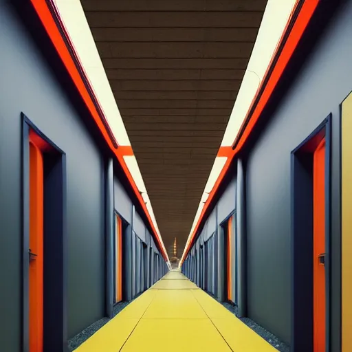 Image similar to a long colorful asylum hallway, one point perspective, vanishing point, symmetrical composition, rich colors, dramatic lighting, by lee madgwick, photorealistic, v - ray render 8 k uhd