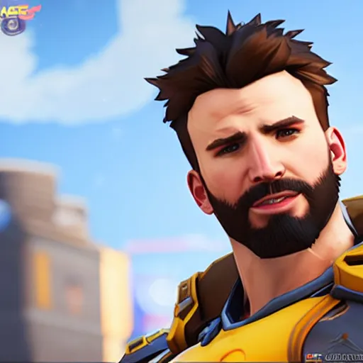 Prompt: Chris Evans as a character in the game Overwatch, with a background based on the game Overwatch, detailed face, action shot