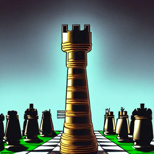 Image similar to a soldier stands beneath a giant chess piece, artwork by dan mumford