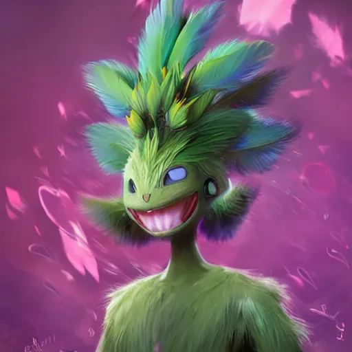 Image similar to a cute beautiful plant type pokemon with smile, green feathers bursting out of his hair, full body portrait, highly detailed digital art, 3 d perspective, award - winning illustration, aesthetic, smooth, pokemon style, made by greg rutkowski, with an alien landscape in the background