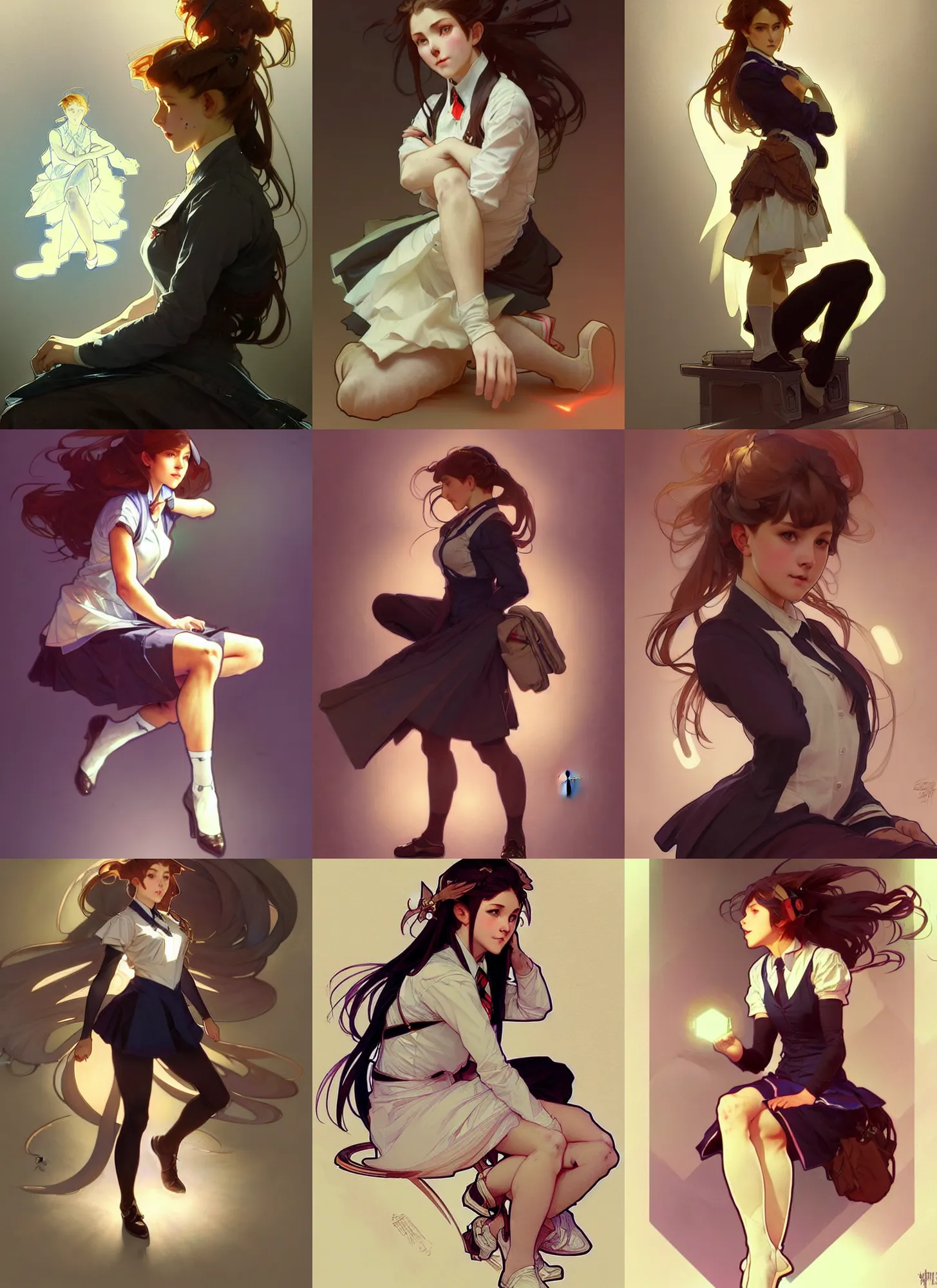 Image similar to a digital concept art by artgerm and greg rutkowski and alphonse mucha. clear portrait of a squatting attractive school girl in uniform!! sit on heels!! light effect. hyper detailed, character concept, glowing lights!! intricate, elegant, digital painting, artstation, smooth, sharp focus