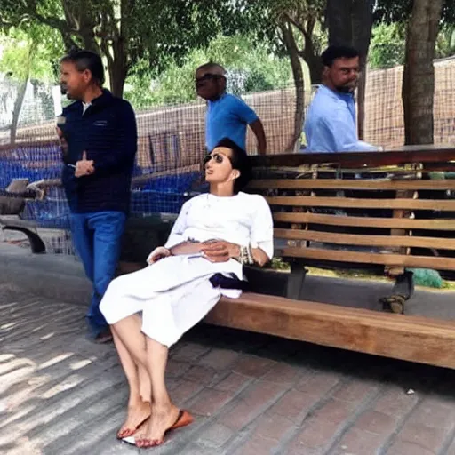 Prompt: of arvind kejriwal wearing a bra and relaxing on bench