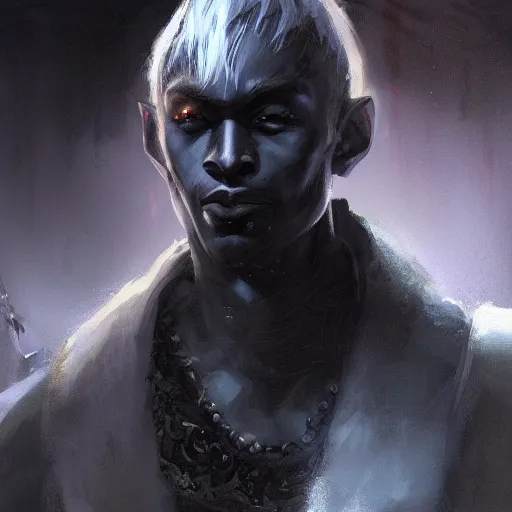 Image similar to closeup portrait of a male drow warrior, dungeons and dragons character, dramatic lighting, castle background, gorgeous view, realistic, high detail, digital art, painted by greg rutkowski, painted by jeremy mann, trending on artstation