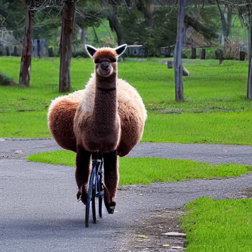 Image similar to an alpaca riding a bicycle