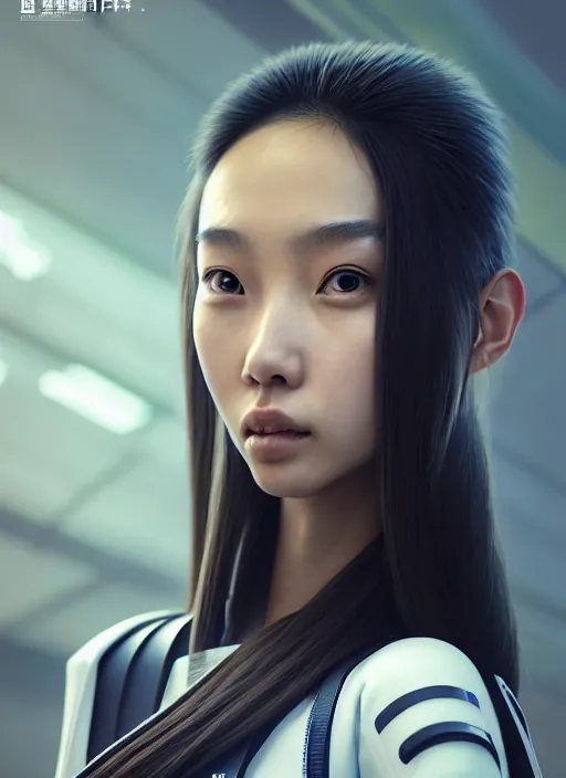 Image similar to portrait of angelababy, futuristic hong kong police uniform girl, au naturel, hyper detailed, digital art, trending in artstation, cinematic lighting, studio quality, smooth render, unreal engine 5 rendered, octane rendered, art style by klimt and nixeu and ian sprigger and wlop and krenz cushart