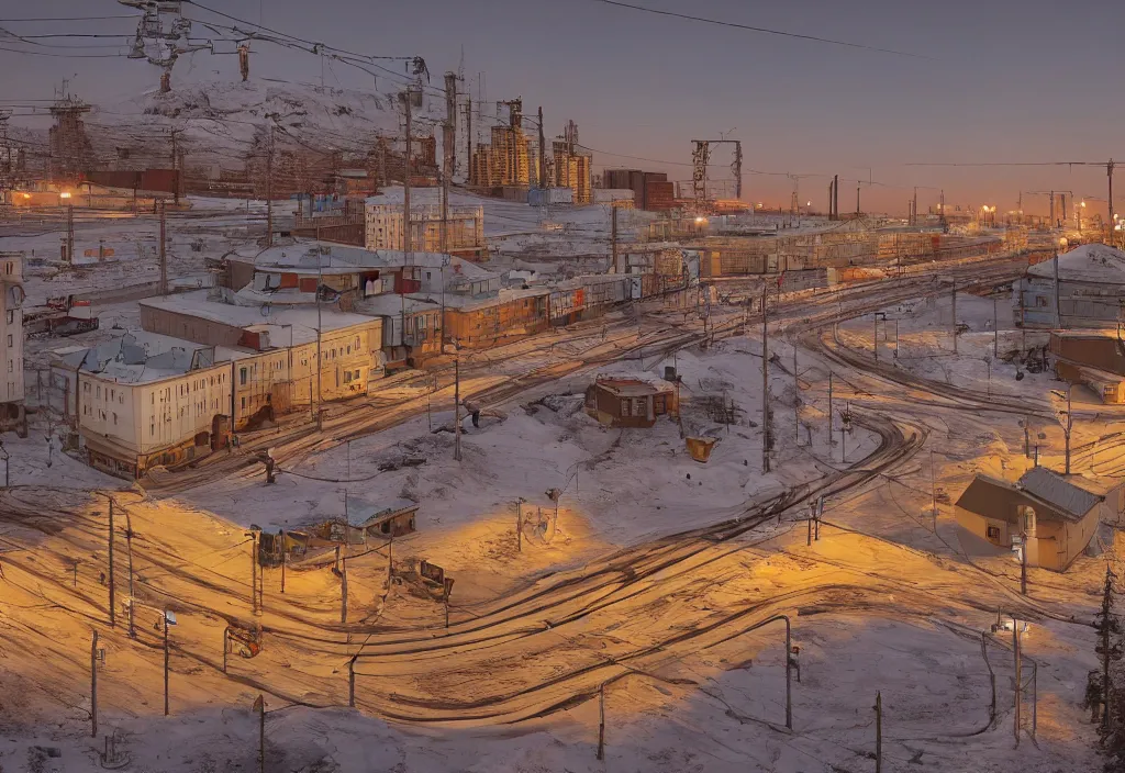 Image similar to accidentally wes anderson award - winning street photograph of a norilsk russian lunar cosmic city, art by greg rutkowsky, trending on artstation, cinematic lighting, filmic grain, golden hour, detailed, 4 k