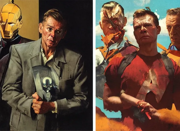 Image similar to a still from the movie avengers : endgame by of francis bacon and norman rockwell and james jean, a still from the movie the shawshank redemption, still from the movie pulp fiction, triadic color scheme, by greg rutkowski, syd mead and edward hopper and norman rockwell and beksinski, dark surrealism, orange and turquoise