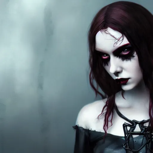 Image similar to Wanda Maximoff in gothic attire and gothic makeup, trending on artstation, gloomy atmosphere, photorealistic facial features, 4k, 8k