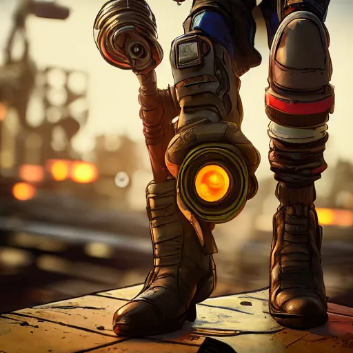 Image similar to a mechanic boots in the borderlands 3 style, close - up, cinematic shot, intricate, ornate, photorealistic, ultra detailed, realistic, 1 0 0 mm, photography, octane, high definition, depth of field, bokeh, 8 k, behance, artstation