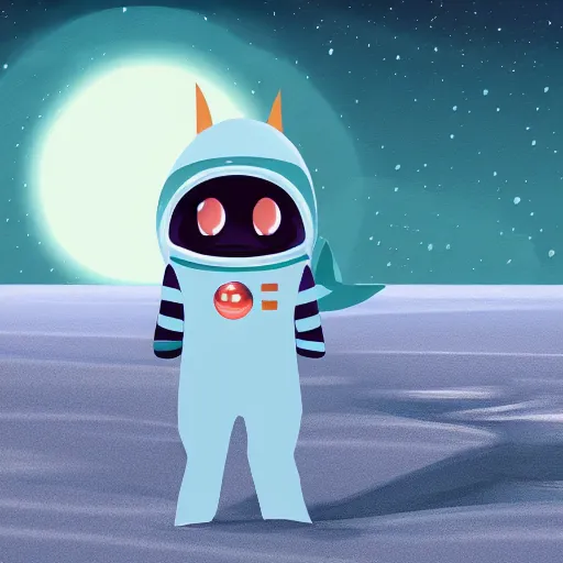 Prompt: cute shark in space suit walking in barren white desert at night, digital painting