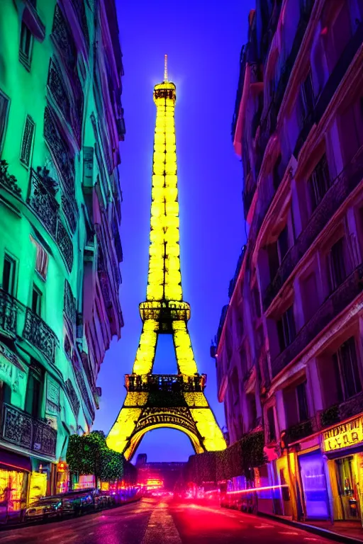 Image similar to neon streets of paris with eiffel tower, 4 k, award winning photo, cyberpunk style