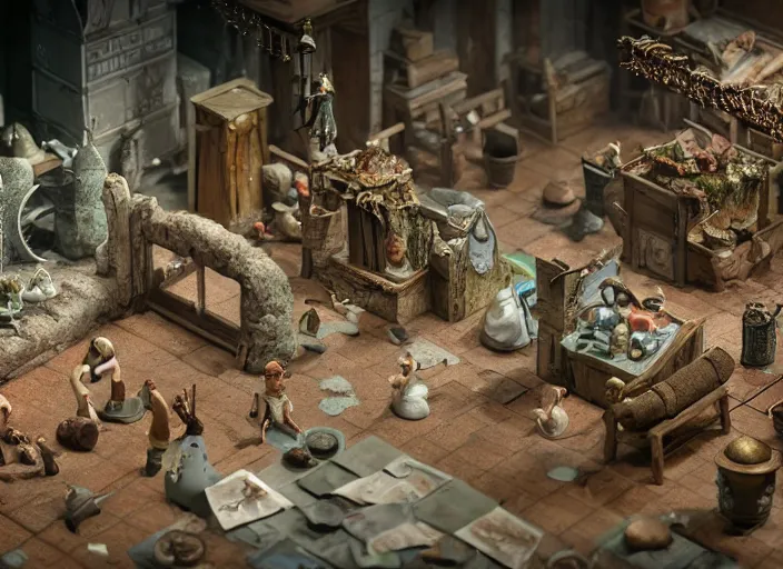 Image similar to detailed studio photography of a claymation diorama of an isometric dungeon game level design, zeiss lens, detailed, by erwin olaf, joop geesink, wes anderson, jim henson, brian froud, breathtaking, 8 k resolution, beautiful lighting, studio light, extremely detailed, establishing shot, realistic materials, hyperrealistic