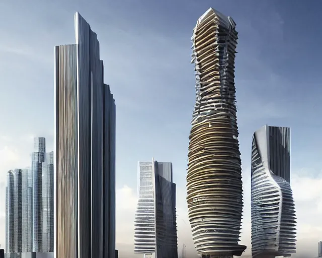 Prompt: a tower designed collaboratively by zaha hadid and frank lloyd wright