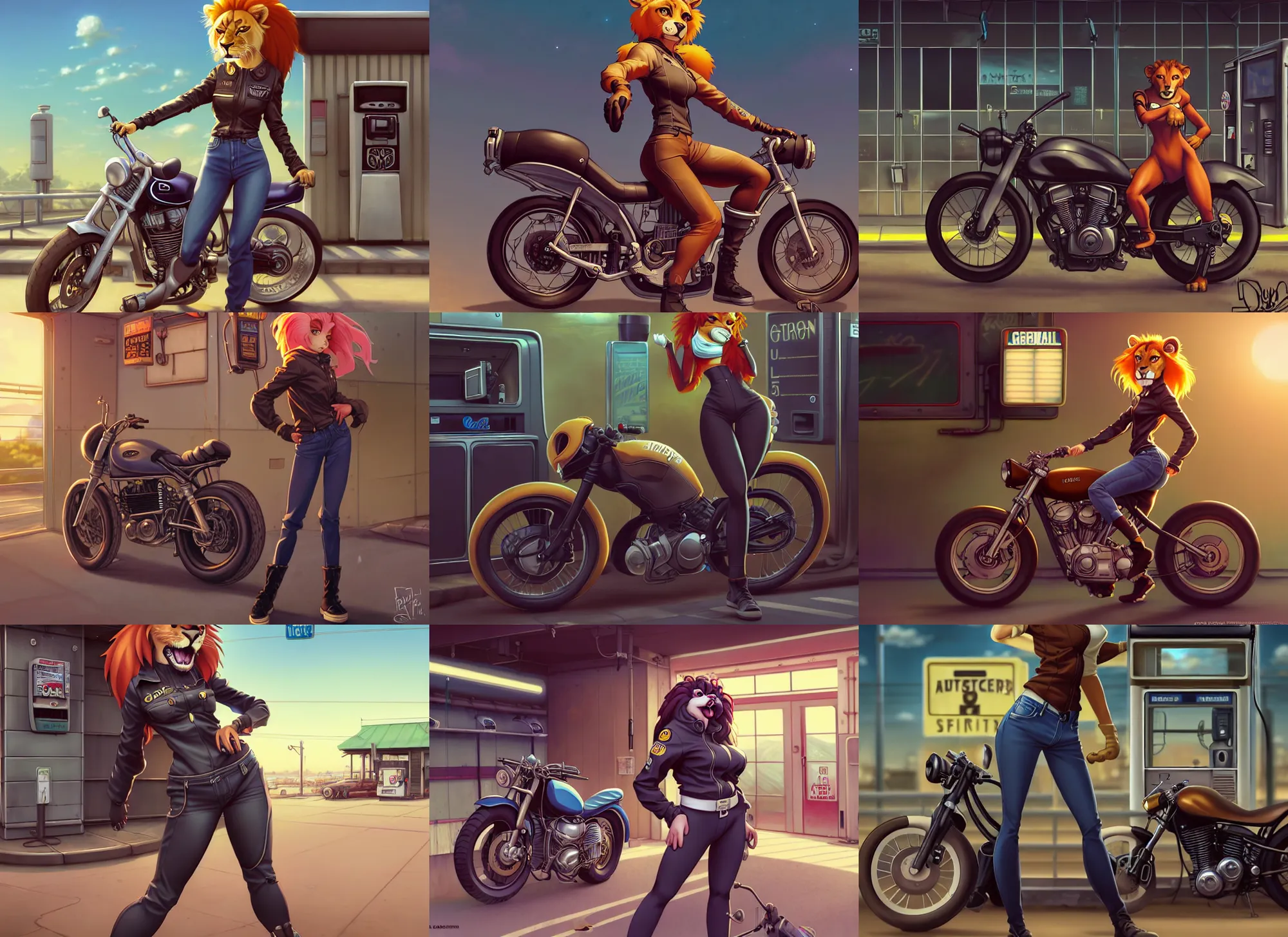 Prompt: wide angle beautiful full body portrait of a strong female anthropomorphic anthro lioness fursona biker at an old gas station. character design by disney, anime, manga, charlie bowater, ross tran, artgerm, and makoto shinkai, detailed, soft lighting, rendered in octane