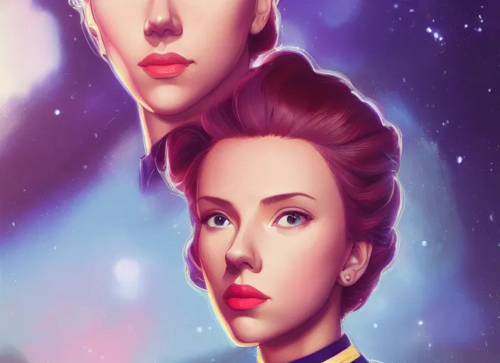 Image similar to a disney film still of scarlett johansson as a star trek officer, finely detailed features, closeup of the face, perfect art, dusk, blue hour, gapmoe yandere grimdark, trending on pixiv fanbox, painted by greg rutkowski, makoto shinkai, takashi takeuchi, alphonse mucha, akihiko yoshida