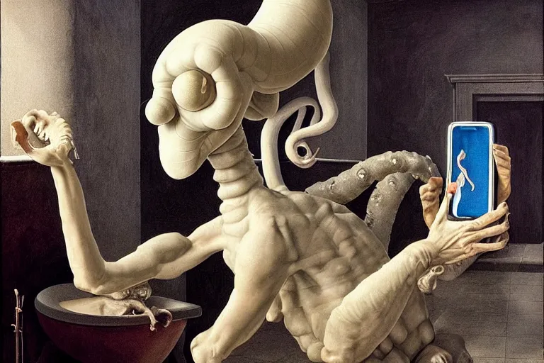 Image similar to hyperrealism aesthetic ridley scott and caravaggio and denis villeneuve style photography of a detailed giant squidward, siting on a detailed ultra huge toilet and scrolling his smartphone in surreal scene from detailed art house movie in style of alejandro jodorowsky and wes anderson