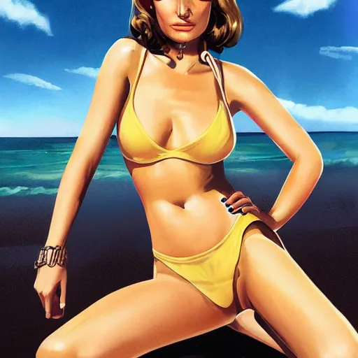 Image similar to Natalie Portman as a Bond girl at the beach, Joe Jusko, artstation, 8k photography