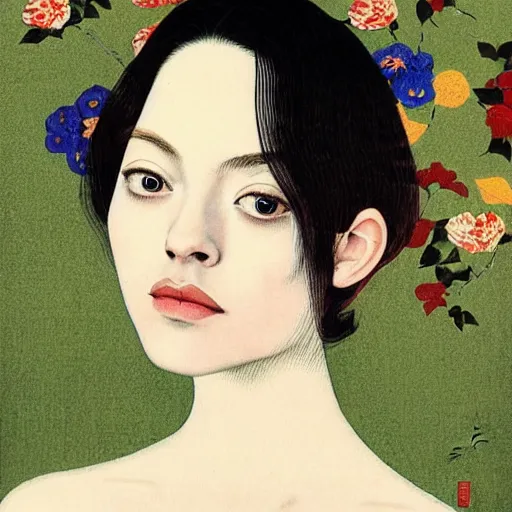 Prompt: “ amanda seyfried portrait by ikenaga yasunari and ayana otake and ko rakusui, 6 0 s poster, drawing, realistic, sharp focus, japanese, dreamy, nostalgia, faded, golden hues, floral clothes ”