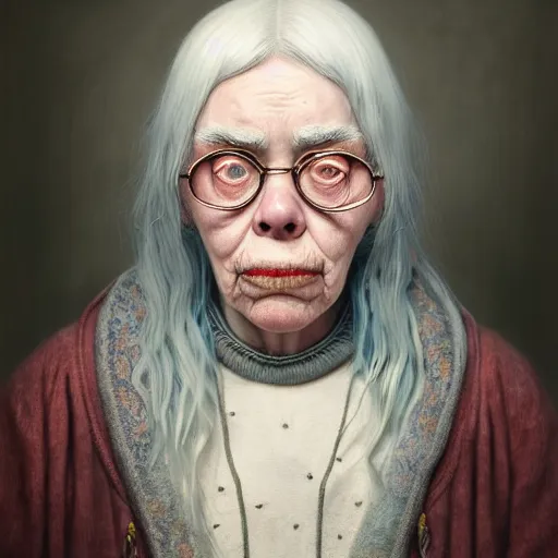 Prompt: an antique lithograph style portrait painting of an elderly billie eilish, character design by mark ryden and pixar and hayao miyazaki, unreal 5, daz, hyperrealistic, octane render, cosplay, dynamic lighting, intricate detail, harvest fall vibrancy, cinematic