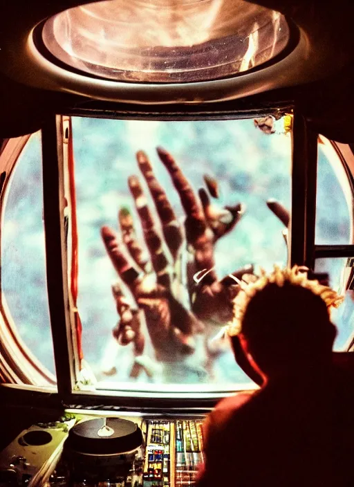 Prompt: analogue photo of an African tribal man DJ with his crowd on a spaceship, planet earth seen from space through porthole window, wide angle,