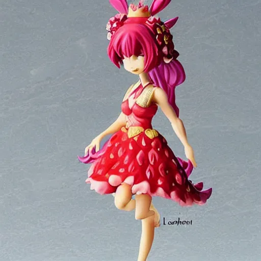 Image similar to a femo figurine of a cute funny strawberry fairy with a frilly floral dress featured in genshin impact by loish