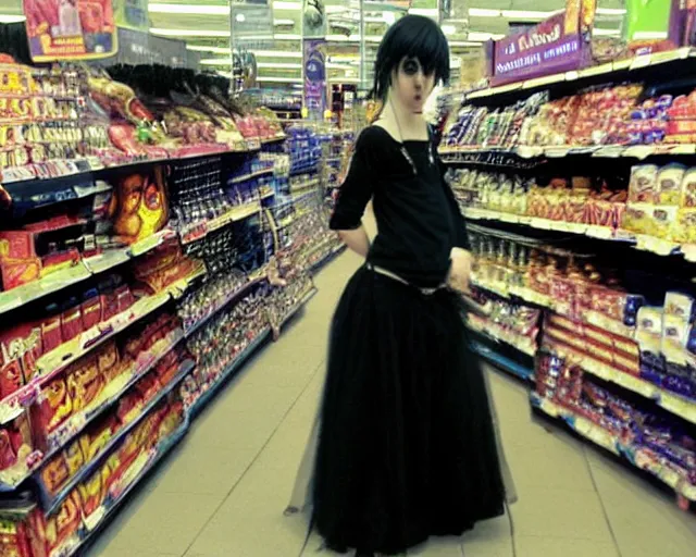 Image similar to poor quality digital photo of a goth emo girl at tesco, 2 0 0 7