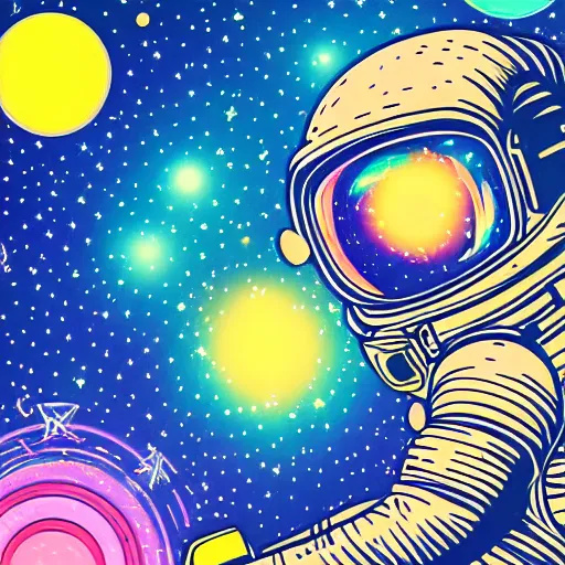 Image similar to Medium shot of an astronaut relaxing in space designed by Lisa Frank, digital art, cartoon art, acrylic, bokeh, synthwave, retro,