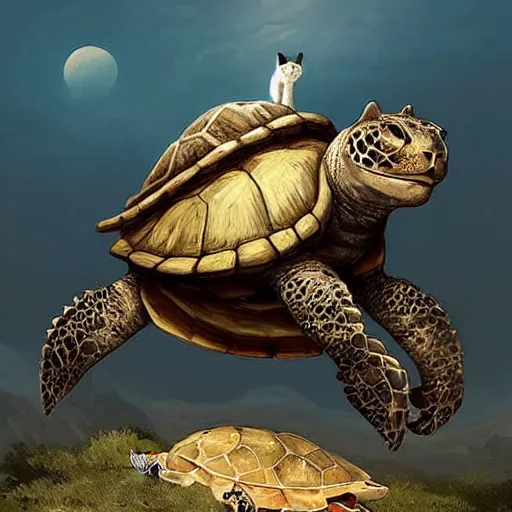 Image similar to The tallest mountain was topped by a cat riding a gigantic turtle, and there was another cat riding a large turtle atop the mountain. By Greg Rutkowski