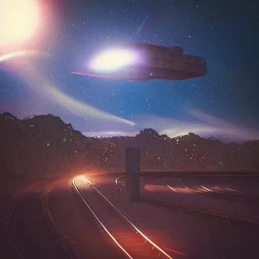 Image similar to “ trains you can ’ t tell are from the future or the past but they look cool as hell, night sky blazing with stars, astrophotography, octane rendering, trending on artstation ”