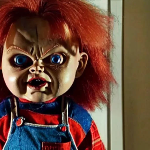 Image similar to Chucky the killer doll from the movie Child's Play in an episode of Stranger Things