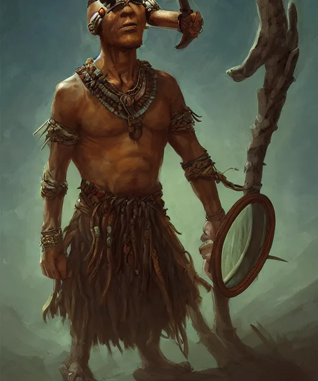 Image similar to Neolithic shaman wearing Oculus Virtual Reality set, prehistoric, realistic character concept art, full body portrait painting, DeviantArt Artstation, by Jason Felix by Steve Argyle by Tyler Jacobson by Peter Mohrbacher, cinema