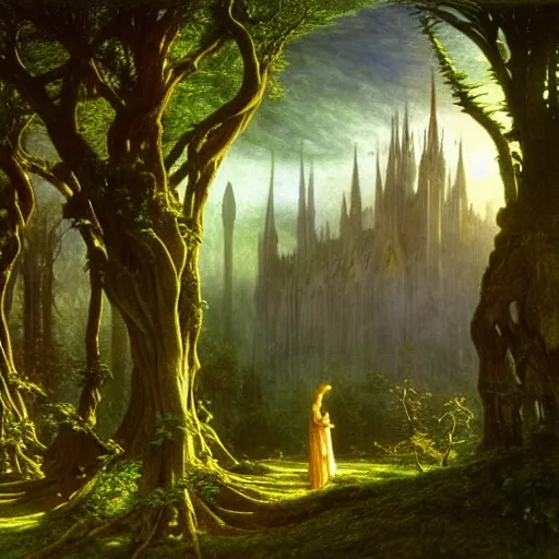 Image similar to a beautiful and highly detailed matte painting of an elven cathedral in a magical celtic forest, otherworldly trees and plants and flowers, detailed spires, by caspar friedrich, albert bierstadt, james gurney, brian froud,