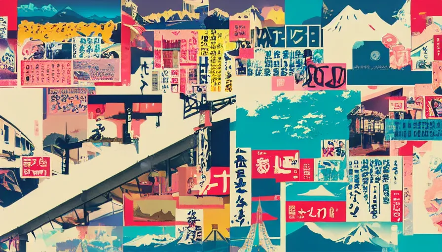 Prompt: Japan deeper travel exploration, modern edgy graphic design pop art collage, muted colors with predominant white background minimalism, neon color mixed media painterly, extreme negative space, neo-classical composition, rule of thirds, design tension, impactful graphic design, in the style of jules julien, alex yanes