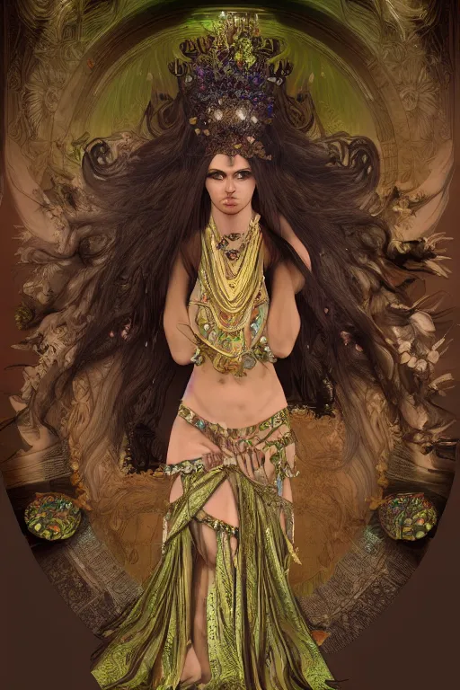 Image similar to a realistic dark photo of a miss of the world as an ancient goddess in jewelery and fractals in style of alphonse mucha art nuvo dmt trending on artstation made in unreal engine 4