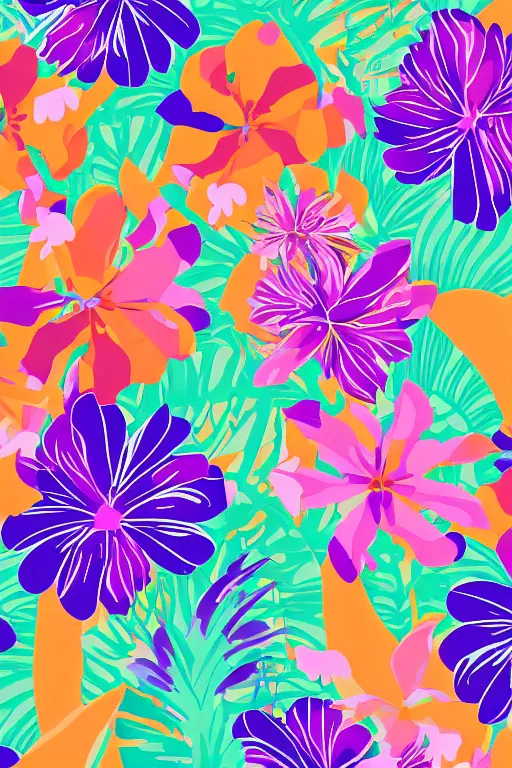 Prompt: Vector illustration of tropical flowers with multiple cohesive colors ranging from warms purples to bright oranges on a ((dark blue background)), 4K resolution