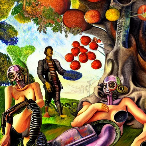 Prompt: hyperdetailed cyborgs under a big tree, eating interesting elaborate fruits. in the style of Caravaggio and Paul Gauguin, with liberty cyberpunk and flemish baroque mixed media elements. natural pastel tones. matte background HD 8x