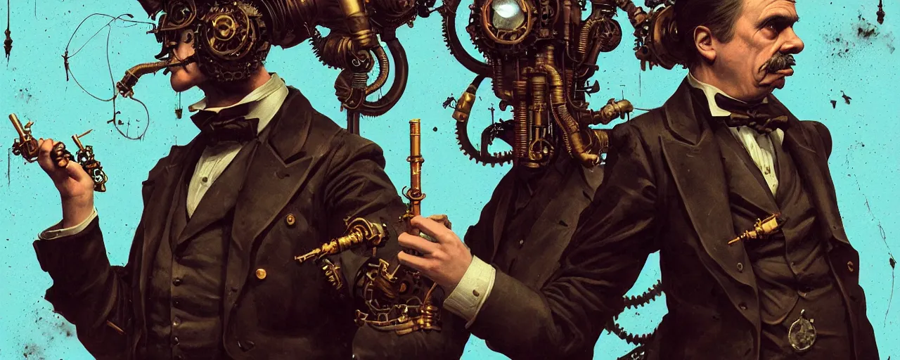 Image similar to duotone dark concept illustration 3 / 4 portrait of friedrich nietzsche as steampunk cyborg with dynamite in his hand. highly detailed mechanism cinematic lighting. fibonacci golden ratio accidental renaissance. by sachin teng and sergey kolesov and ruan jia and heng z. graffiti art, scifi, fantasy, hyper detailed. octane render. concept art. trending on artstation