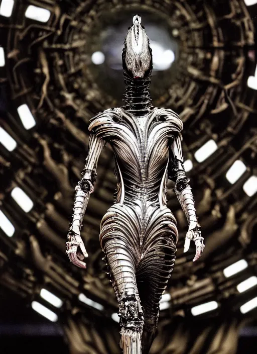 Image similar to walking down the catwalk, show, stage, vogue photo, podium, fashion show photo, iris van herpen baroque dress, beautiful woman, perfect body, full body shot, helmet on face, masterpiece, guyver, giger, biomechanical details, denis villeneuve, movie still, fauvism, cinestill, bokeh