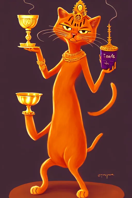 Prompt: fullbody!! personification of garfield the cat garfield goddess holding a blood chalice, stunning, cat face, professional character concept art by tatyana kupriyanova