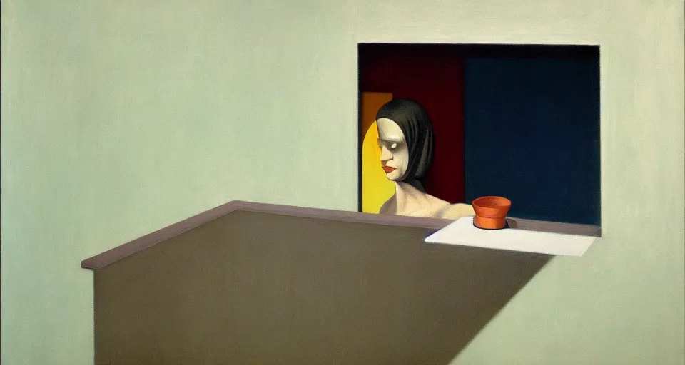 Prompt: photorealistic painting : figure head coming out of drain head, liminal space, oil on canvas, edward hopper vibe, oskar schlemmer gegenlicht, 2 0 0 5, painting by andrea eitel