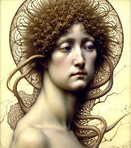 Prompt: beautiful young orchidwoman detailed realistic porcelain face portrait by jean delville, gustave dore, iris van herpen and marco mazzoni, art forms of nature by ernst haeckel, art nouveau, symbolist, visionary, gothic, neo - gothic, pre - raphaelite, fractal lace, intricate alien botanical biodiversity, surreality, hyperdetailed ultrasharp octane render