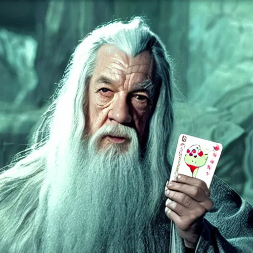 Image similar to portrait of gandalf, wearing a Hello Kitty costume, holding a blank playing card up to the camera, movie still from the lord of the rings