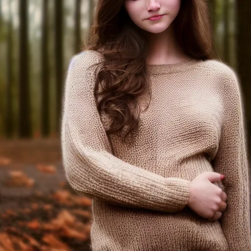 Image similar to real life photo of a beautiful girl, full body photoshoot, long brown hair, brown eyes, full round face, short smile, belly free, brown sweater, forest setting, cinematic lightning, medium shot, mid - shot, highly detailed, trending on artstation, unreal engine 4 k, 8 0 mm, 8 5 mm, cinematic wallpaper